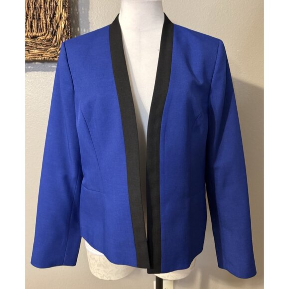 Kasper Suit Jacket Blazer 12 Blue Black Trim Open Front Classic Career Polyester - Picture 10 of 10